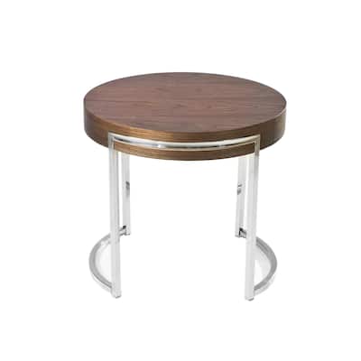 22 in. Brown and Chrome Round Wood End Table, Sturdy Build End Side Table for Living Rooms