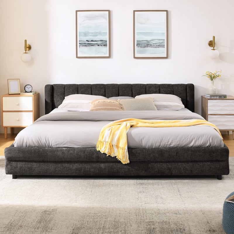King Upholstered Bed Frame with Storage Drawer, Thick Padded Headboard & Solid Frame in Chenille Fabric