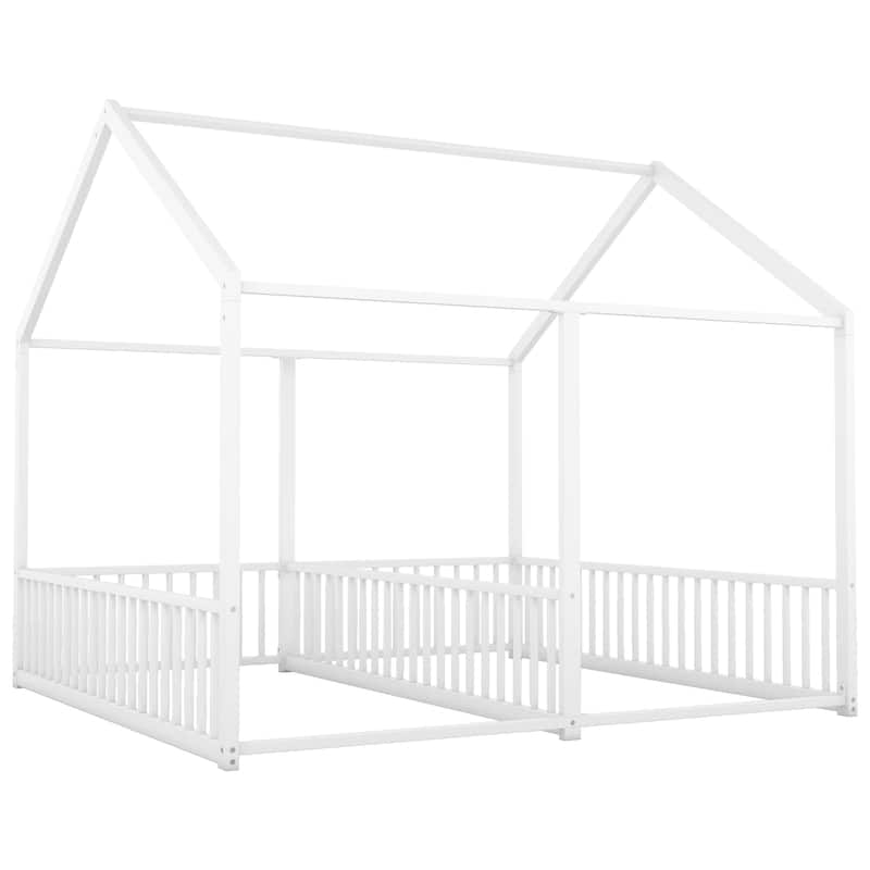 Metal Twin Size House Beds, Two Shared Beds, 2 in 1 Floor Beds Frame