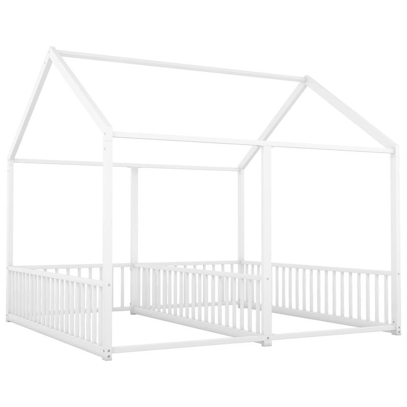 White Twin Size Metal House Platform Bed with Guardrails, Two Shared Beds