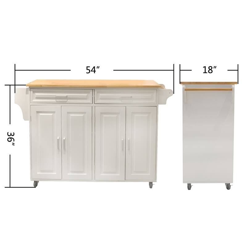 54" Mobile Kitchen Island Cart with Rubber Wood Top, 2 Drawers, Adjustable Shelves, Towel & Spice Racks on Wheels