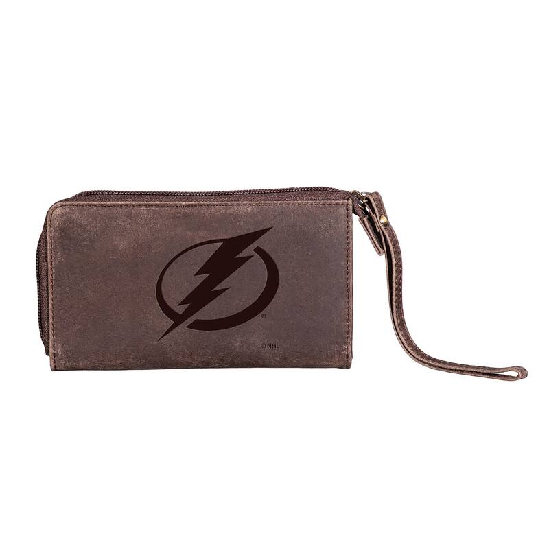 Brown Leather Cell Phone Wristlet Wallet, Tampa Bay Lightning - 4" x 7"