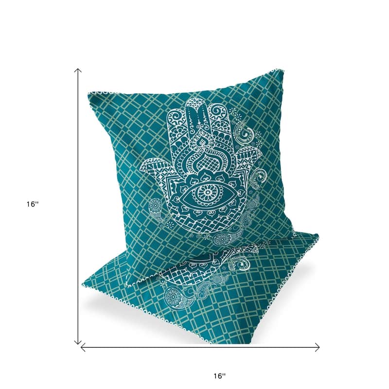 HomeRoots Set of Two 16" X 16" Green and White Blown Seam Hamsa Indoor Outdoor Throw Pillow - 16.00' X '16.00' X '5.00