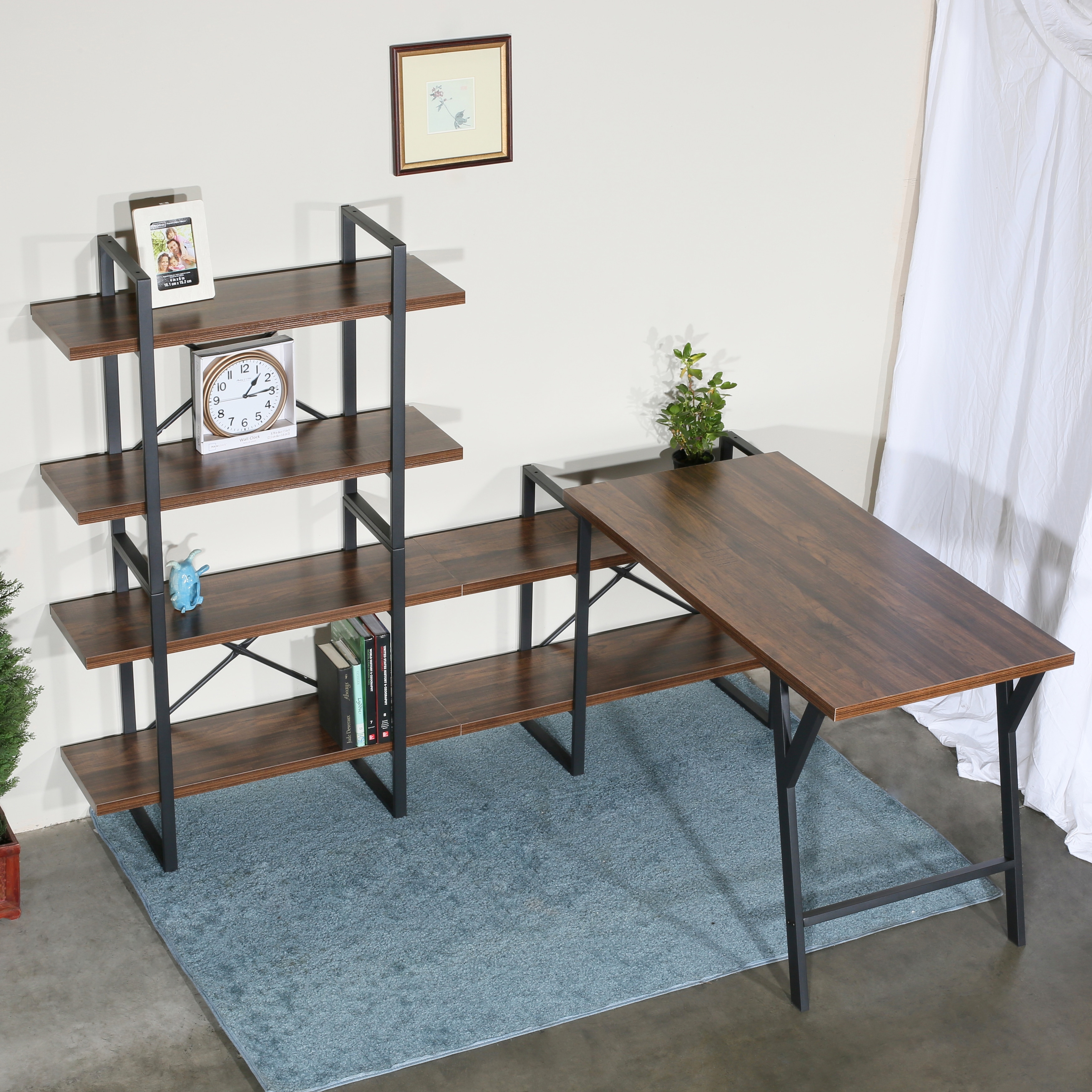 L - Shaped Home Office Desk with 6 Antigue Wood Shelves