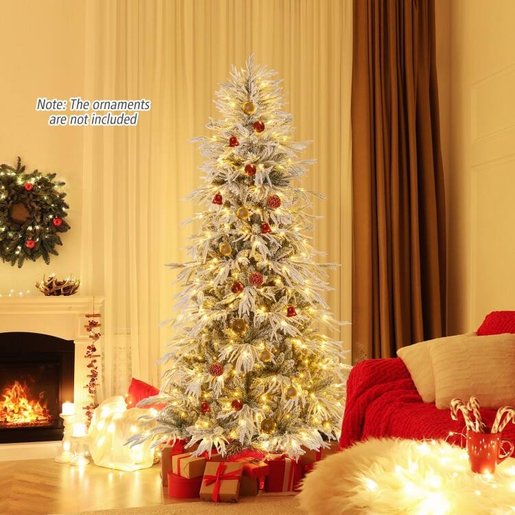 Pre Lit Snow Flocked Artificial Christmas Tree with Warm White LED Lights and Metal Stand