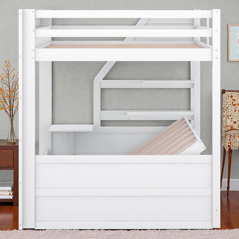 Full Size Convertible Bunk Bed with Storage Staircase, Daybed Pull-Out Design, Bedside Table, and 3 Drawers
