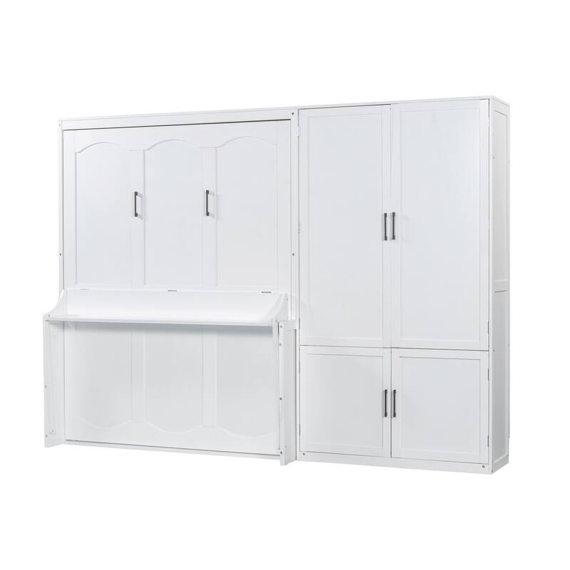 Space-Saving Queen Size Murphy Wall Bed with Built-In Closet and Hydraulic System, White/Gray