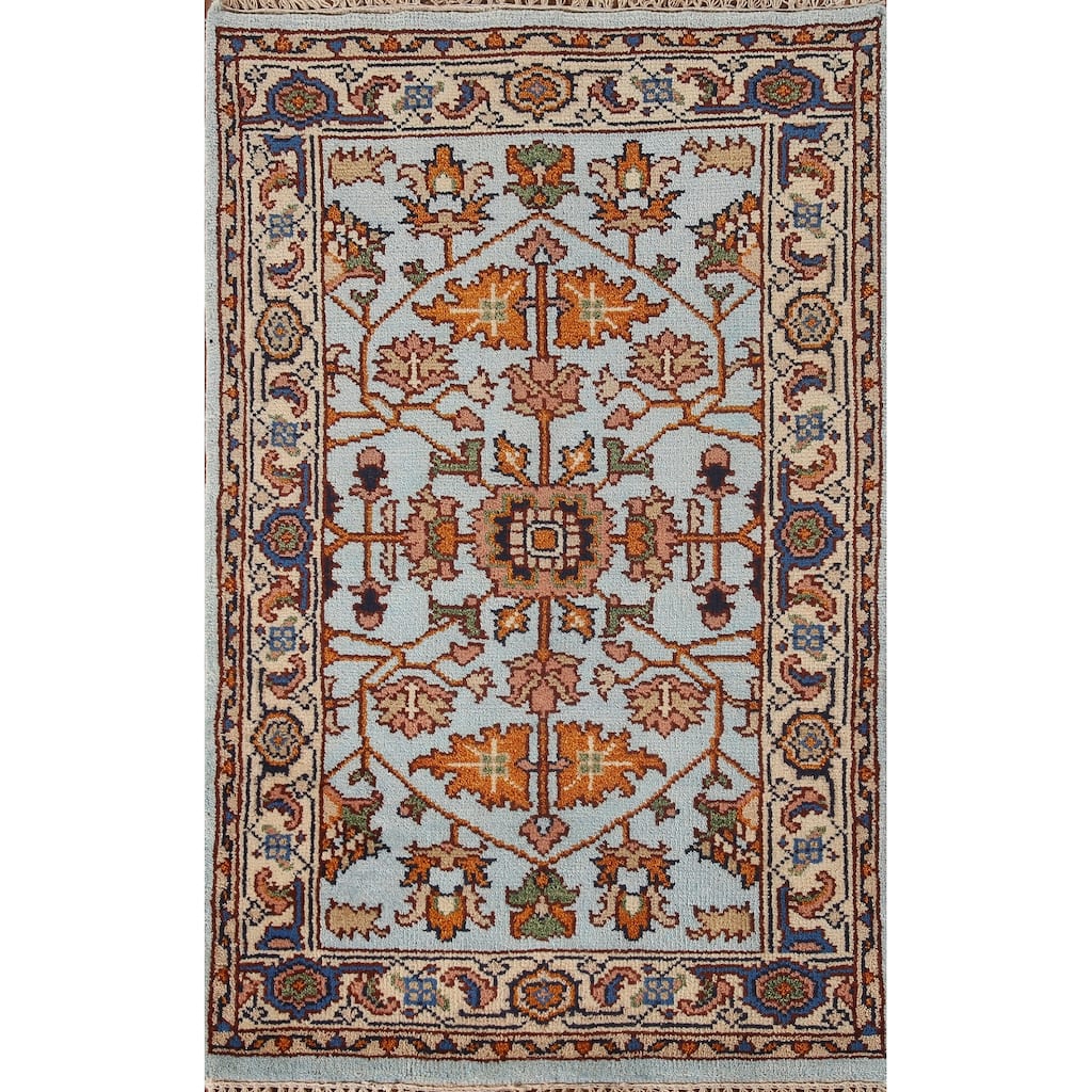 Light Blue Floral Heriz Serapi Oriental Accent Rug Wool Carpet - 2'11"x 5'1"
