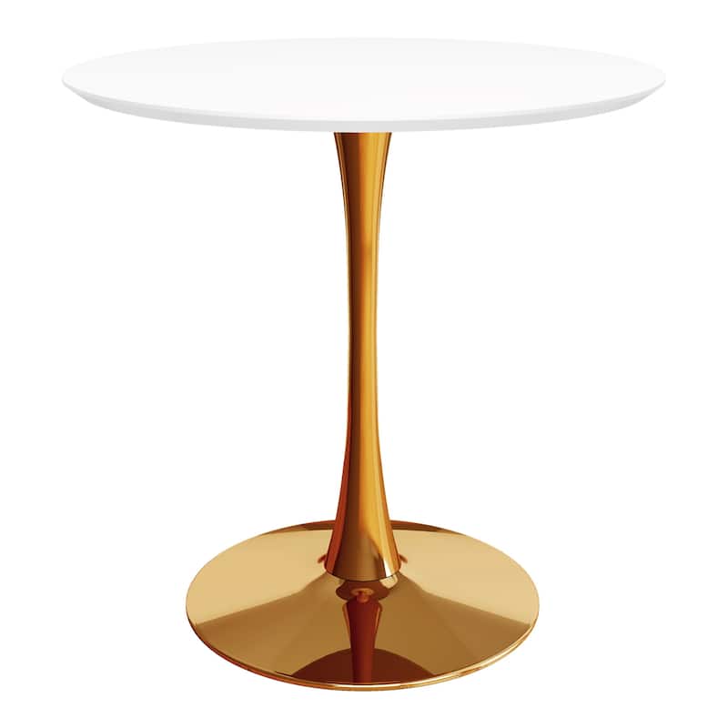 White Wood and Gold Metal Round Dining Table Pedestal Base Gloss Finish Seats 4 - 36" D x 36" W x 29" H - White-Gold