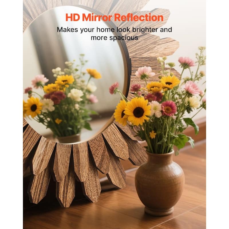 Rustic Sunburst Wall Mirror with HD Glass and Wooden Frame for Modern Bedroom Living Room Decor - 12 x 12 x 0.91 in