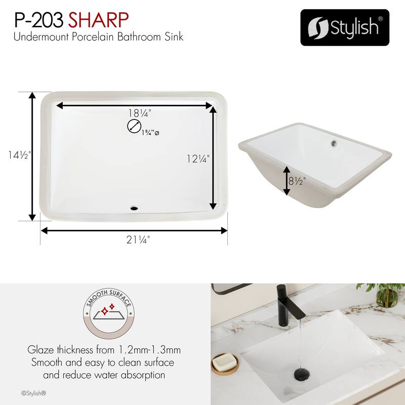 STYLISH Porcelain Rectangular 21 inches Undermount Ceramic Bathroom Sink with Overflow