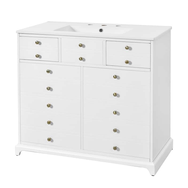 Roomfitters 36" Vanity with Ceramic Sink, Solid Wood Cabinet with 2 Drawers and Soft Closing Doors, Freestanding Design, White