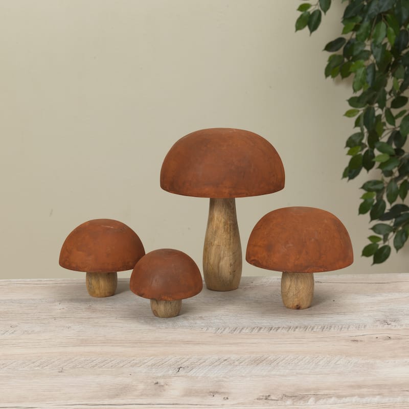 Set of 4 Rustic Metal and Wood Mushroom Figurines