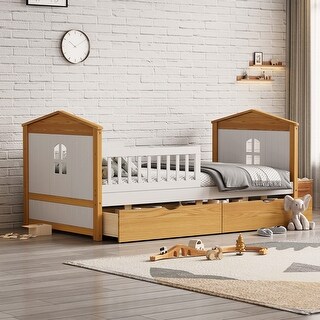 Wood House Shape Bed with Two Drawers and Fence for Girls Boys Teens
