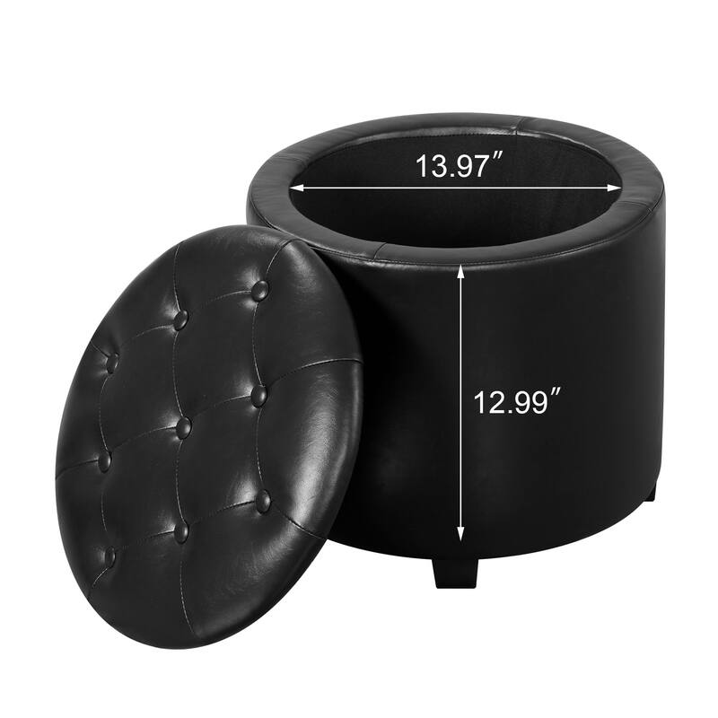 Adeco 17" Faux Leather Round Storage Ottoman with Tufted