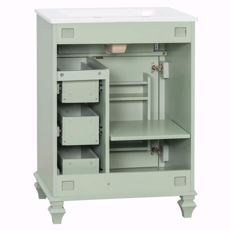 24" Bathroom Vanity with Sink, Freestanding Vanity Cabinet with Flip-Out Drawer, 3 Drawers, Ceramic Top
