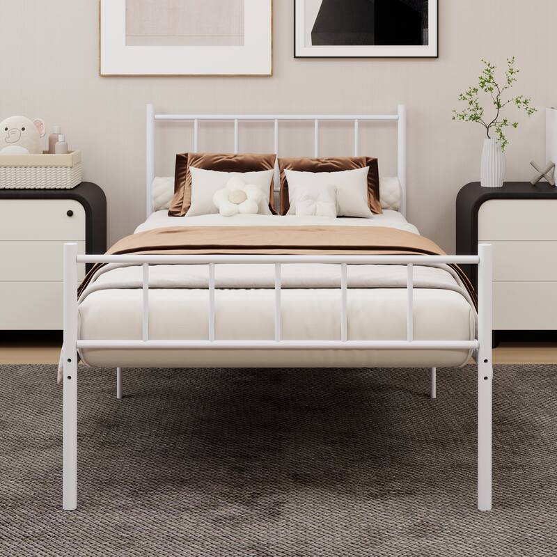 Caxkun Classic Metal Platform Bed Frame, Mattress Foundation with Steel Slat Support - White - Twin
