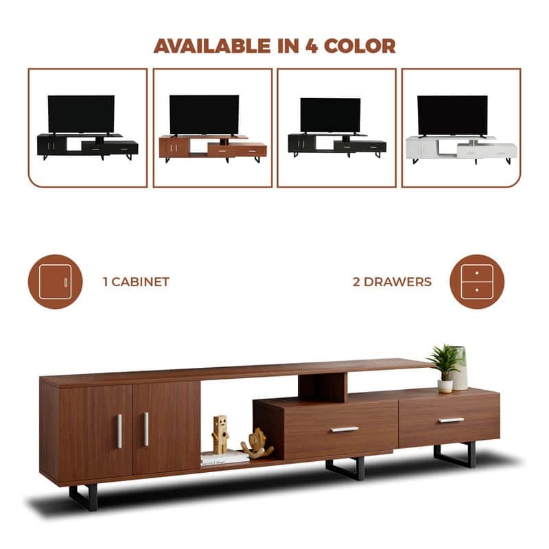 Avery 55 Inch Modern TV Stand with Steel Base, 2 Drawers, and Open Shelves - Entertainment Console for Living Room or Bedroom