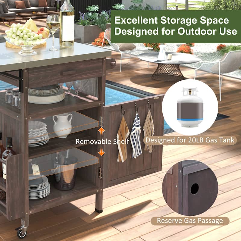 40.5" Outdoor Grill Cart with Stainless Steel Top, Rolling Buffet Serving Cart with Drop Leaf, Patio Kitchen Island Cart