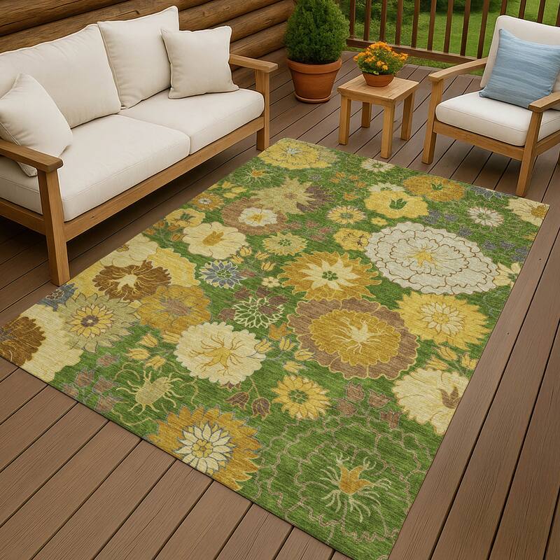 Machine Washable Indoor/ Outdoor Modern Floral Chantille Rug