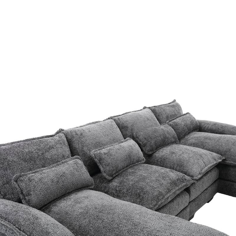 Gray Chenille U-Shape Reversible Sectional Sofa with Ottomans & Pillows