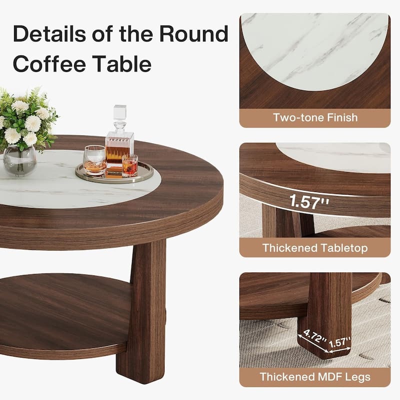 Brown MDF Wood Round Coffee Table with Double Layer Storage and Sturdy L-Legs for Living Room - 31.5"L x 31.5"W x 17.7”H