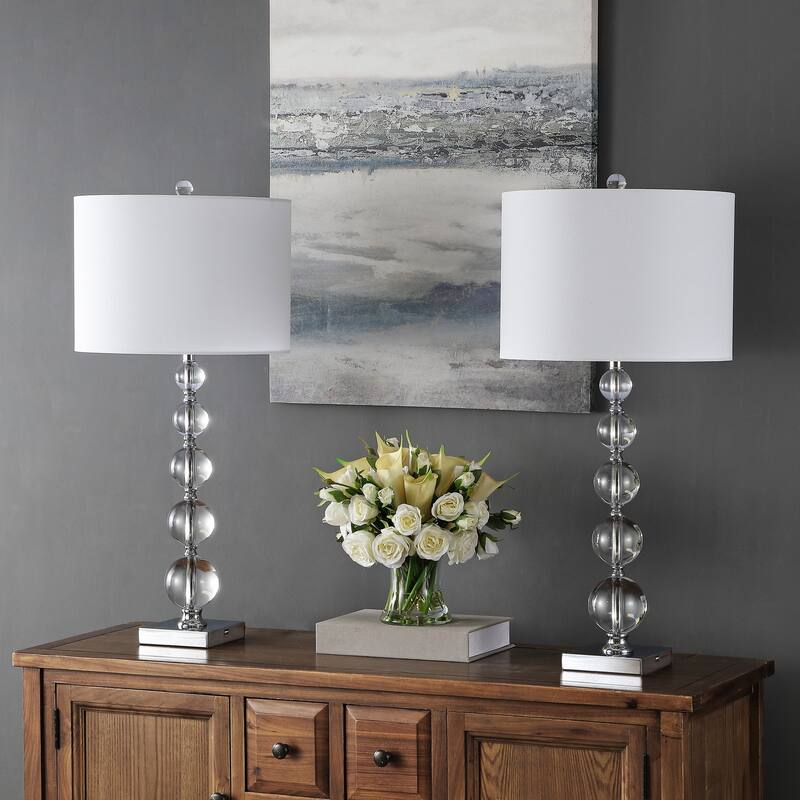SAFAVIEH Lighting 29 inch Liam White Shade Stacked Crystal Ball Table Lamp - 14" W x 14" D x 30" H