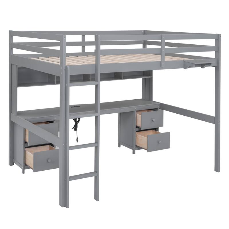 Full Size Loft Bed with Desk, Storage Cabinets, Drawers, and Charging Station