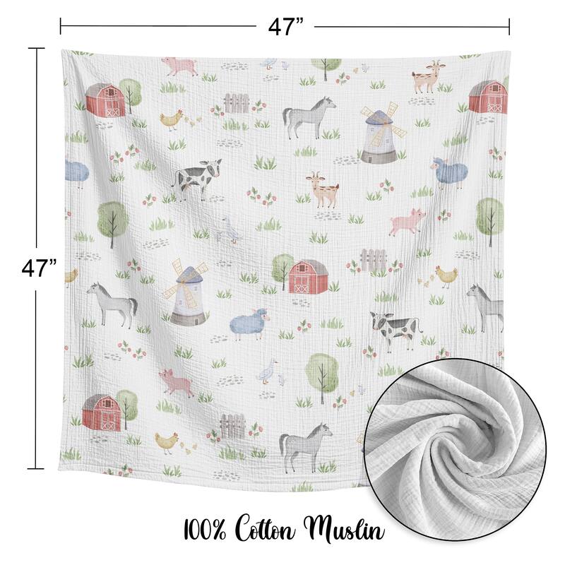 Sweet Jojo Designs Farm Animals Boy Girl Unisex/Gender Neutral 100% Cotton Muslin Baby Swaddle Receiving Blanket -Farmhouse Barn