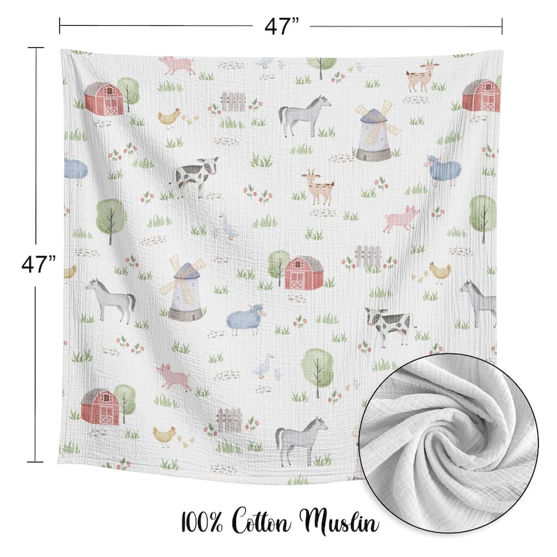 Sweet Jojo Designs Farm Animals Boy Girl Unisex/Gender Neutral 2 Pack 100% Cotton Muslin Baby Swaddle Receiving Blankets - Barn