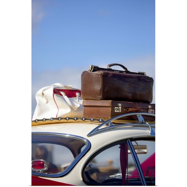 "Vintage luggage on roof of an old car" Poster Print
