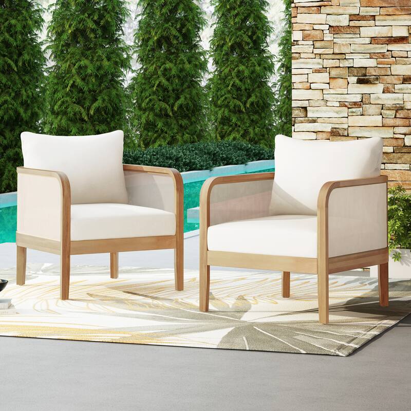 Set of 2,Outdoor Chair,Textilene Patio Furniture,Waterproof Thick Cushion Deep Seating,Weight Capacity 400lbs,Light Teak Finish