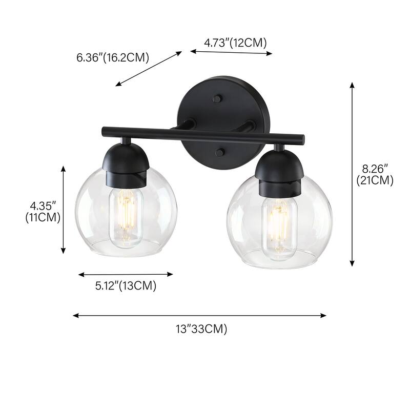 2-Light Dimmable Metal Bathroom Vanity Light Fixture With Glass Shade