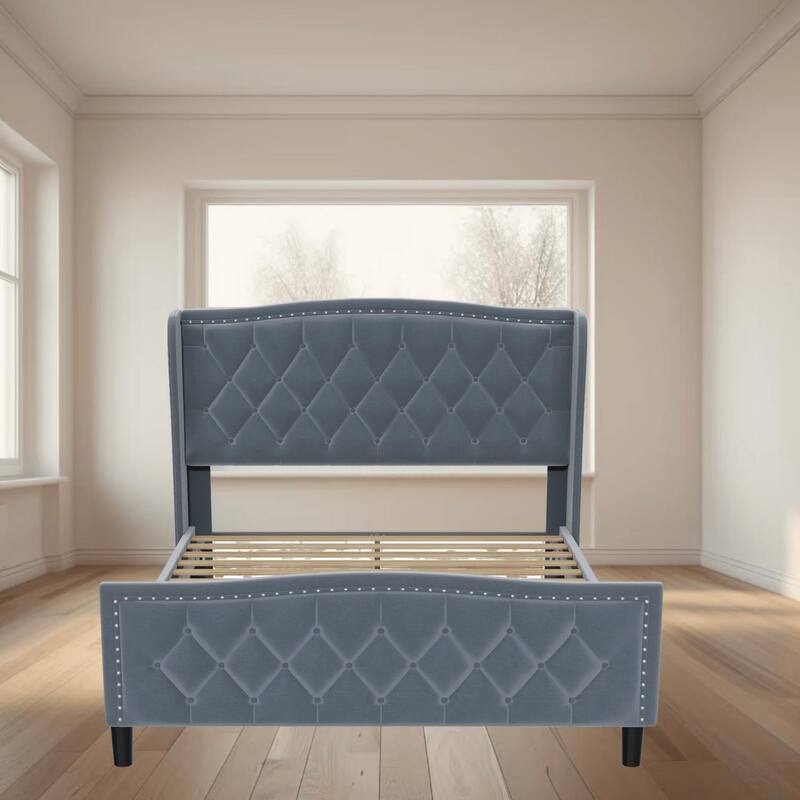 Modern Queen Size Upholstered Platform Bed Frame with Wingback Headboard, No Box Spring Needed, Easy Assembly for Bedroom - Grey - Queen