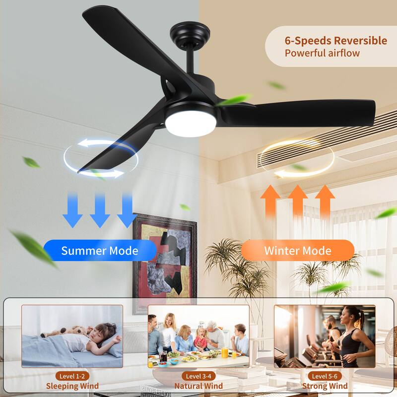 52 Inch Black Ceiling Fan With Light, Ceiling Fan With 3 Reversible Blades, 2 Downrods, 6-Speed Remote Control