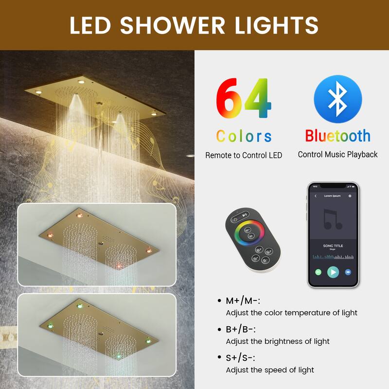 Thermostatic 4-Spray 28 in. x 15 in. Ceiling Mount Fixed and Handheld Dual Shower Head 2.5 GPM with LED Mood Light & Music
