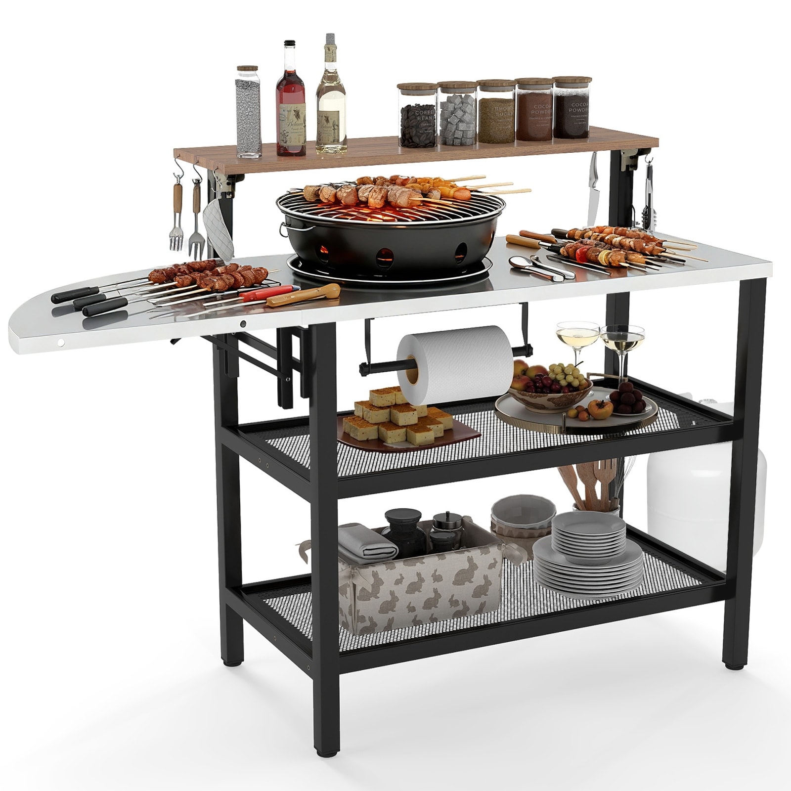 Gymax Patio Bar Table w/Flip-Up Top Foldable Side Table 2 Storage