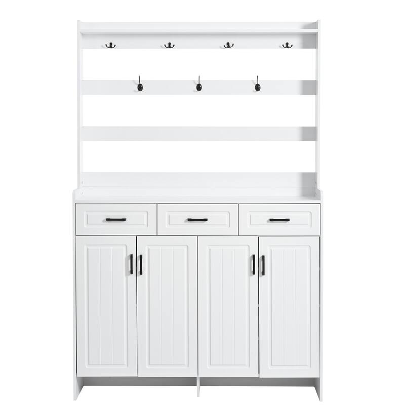 4 Door Shoe Cabinet with Coat Rack, Multi-Functional Shoe Rack with 3 Drawers, 8 Shelves, Entryway Wood Storage Console