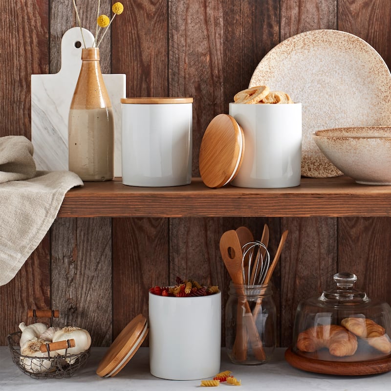 Set of 3 Bamboo & Ceramic Canister Set - White