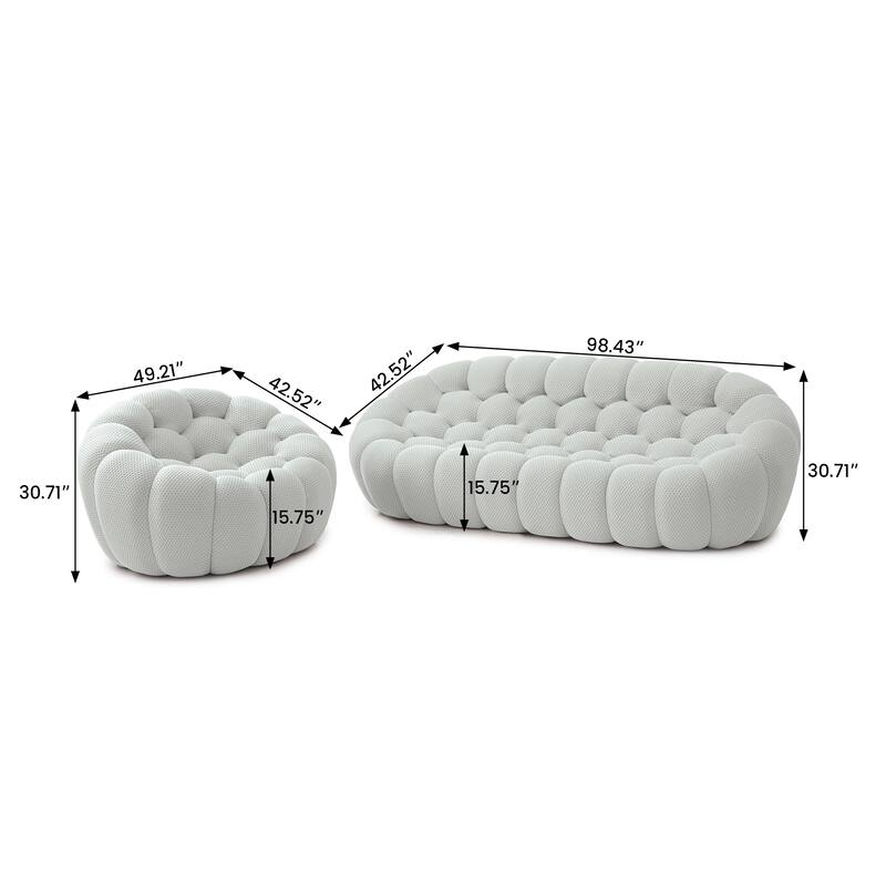 2PCS 3D Honeycomb Fabric Upholstered Bubble Sofa, 3 Seater Bubble Couch and Single Sofa for Living Room