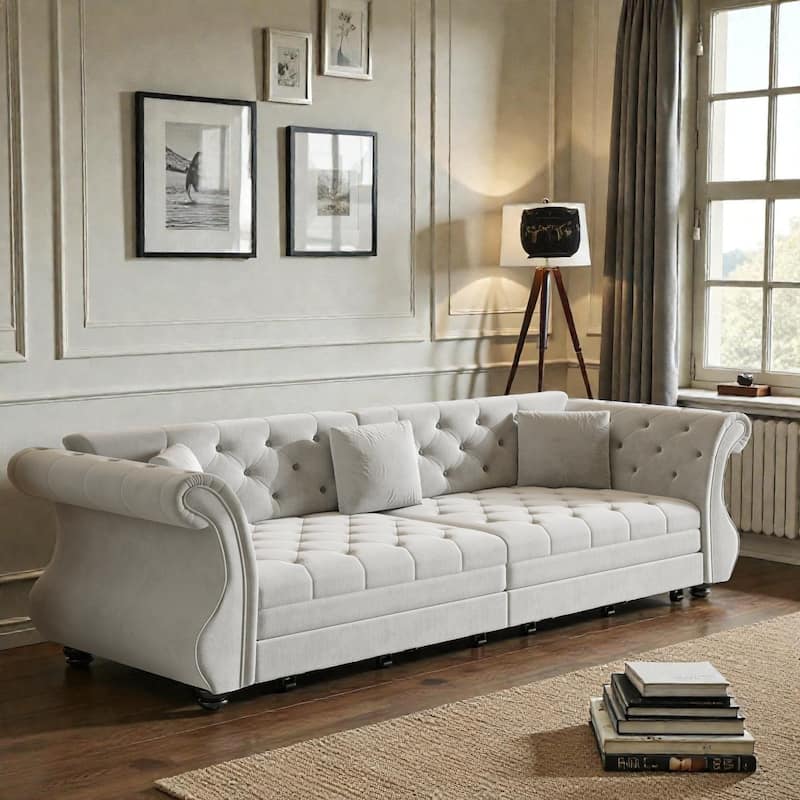 97.6 Inch Chesterfield Pull Out Sofa Bed, Velvet Roll Arm Couch with Flower Tufting, Convertible Sleeper - Light Grey