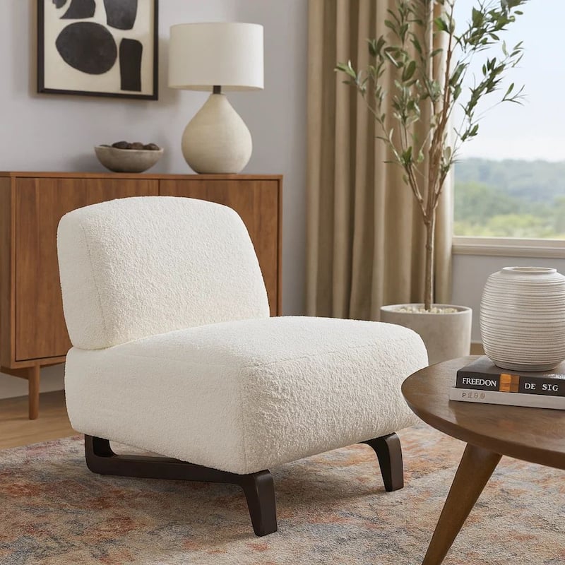 Ikka 30 Inch Padded Armless Chair Crisp White Faux Sheepskin Upholstery