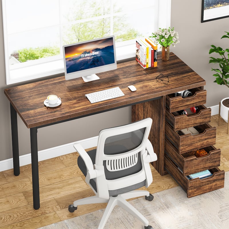 47-inche Computer Desk Study Writing Table with 5 Drawers for Home Office - Brown Drawer+Black