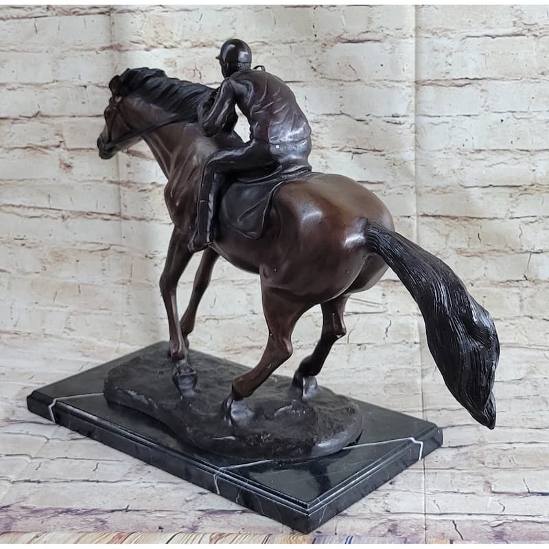 Bronze Jockey Horseman Equestrian Horse Racing Statue Sculpture Decor 16 Inches X 23 Inches