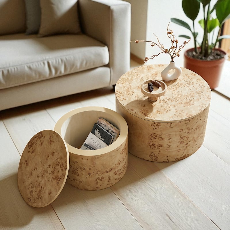 Nested Round Coffee Table Set, 2-Piece Burl Wood Veneer Storage Tables with Adjustable Feet, Modern MDF