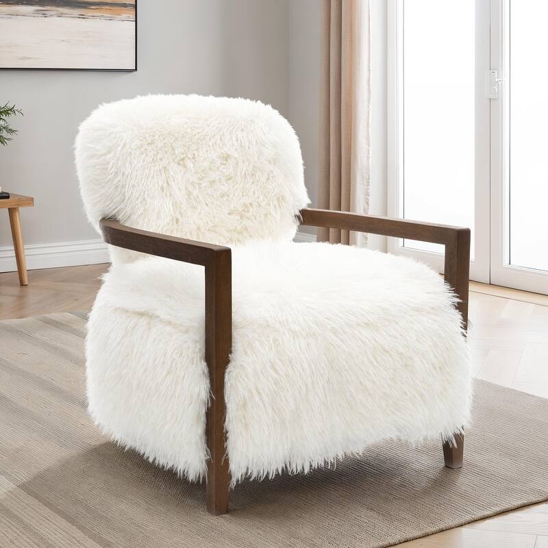 1pc Accent Chair Raked Wooden Arms Tight Back And Seat Soft Faux Fur Contemporary Living Room Furniture