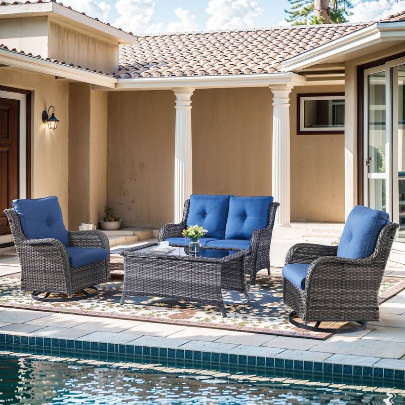 Pocassy 4 Pieces Outdoor 4 Inch Sofa Swivel Chairs Table - Blue cushion - Gray Wicker
