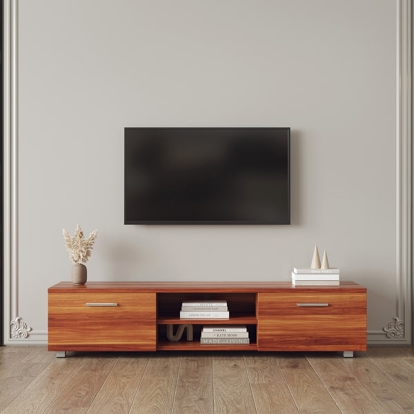 Modern Minimalist Style TV Stand with 2 Drawers & 2 Shelfs, Media Entertainment Center, TV Cabinet for Living Room & Bedroom - Brown