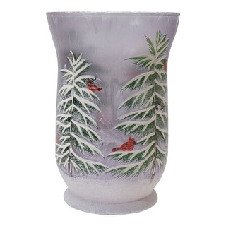 8" Hand-Painted Pine and Birds Flameless Glass Christmas Candle Holder