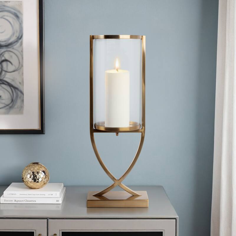 Modern Glass Pillar Candle Holder Decorative Lantern with Steel Frame